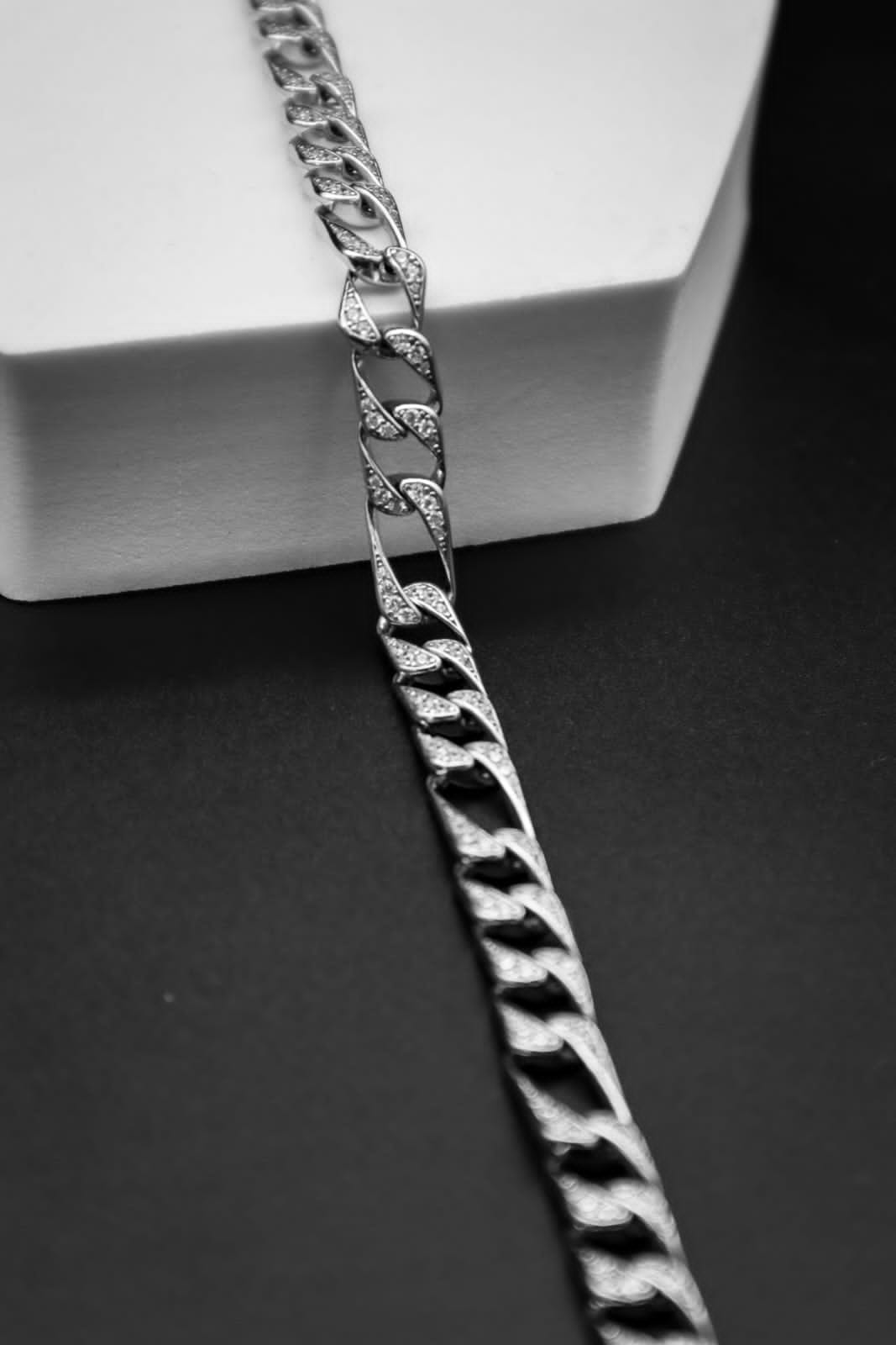 Iced Figaro Link Bracelet in Rhodium Plated 925 Sterling Silver, 8mm