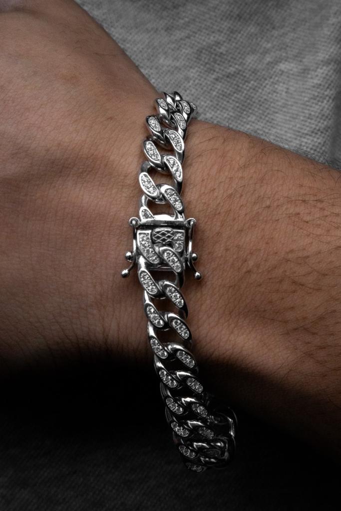 Iced Cuban Link Bracelet in Rhodium Plated 925 Sterling Silver, 8mm