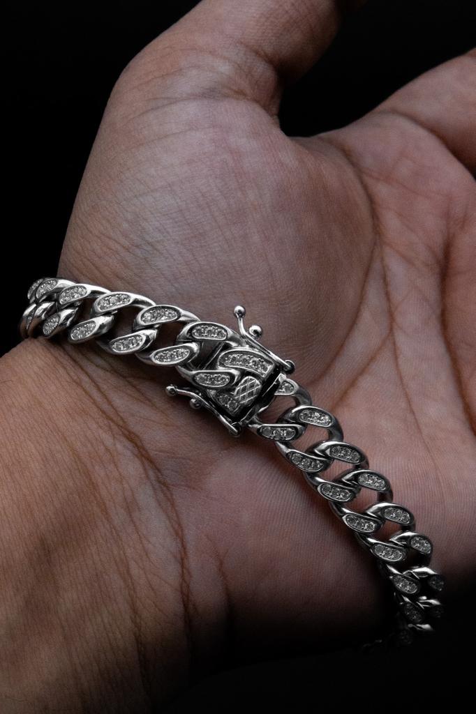 Iced Cuban Link Bracelet in Rhodium Plated 925 Sterling Silver, 8mm