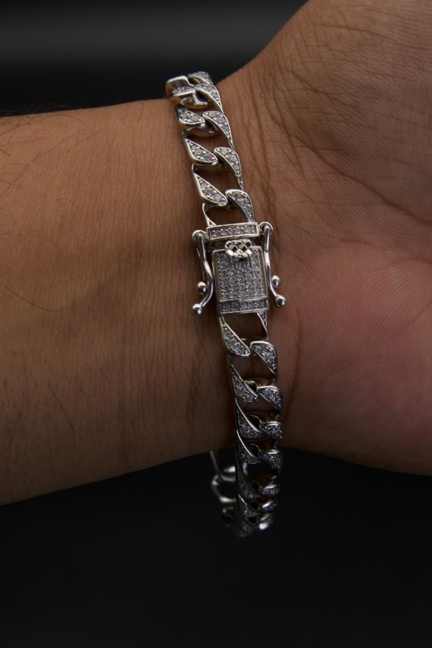 Iced Figaro Link Bracelet in Rhodium Plated 925 Sterling Silver, 8mm