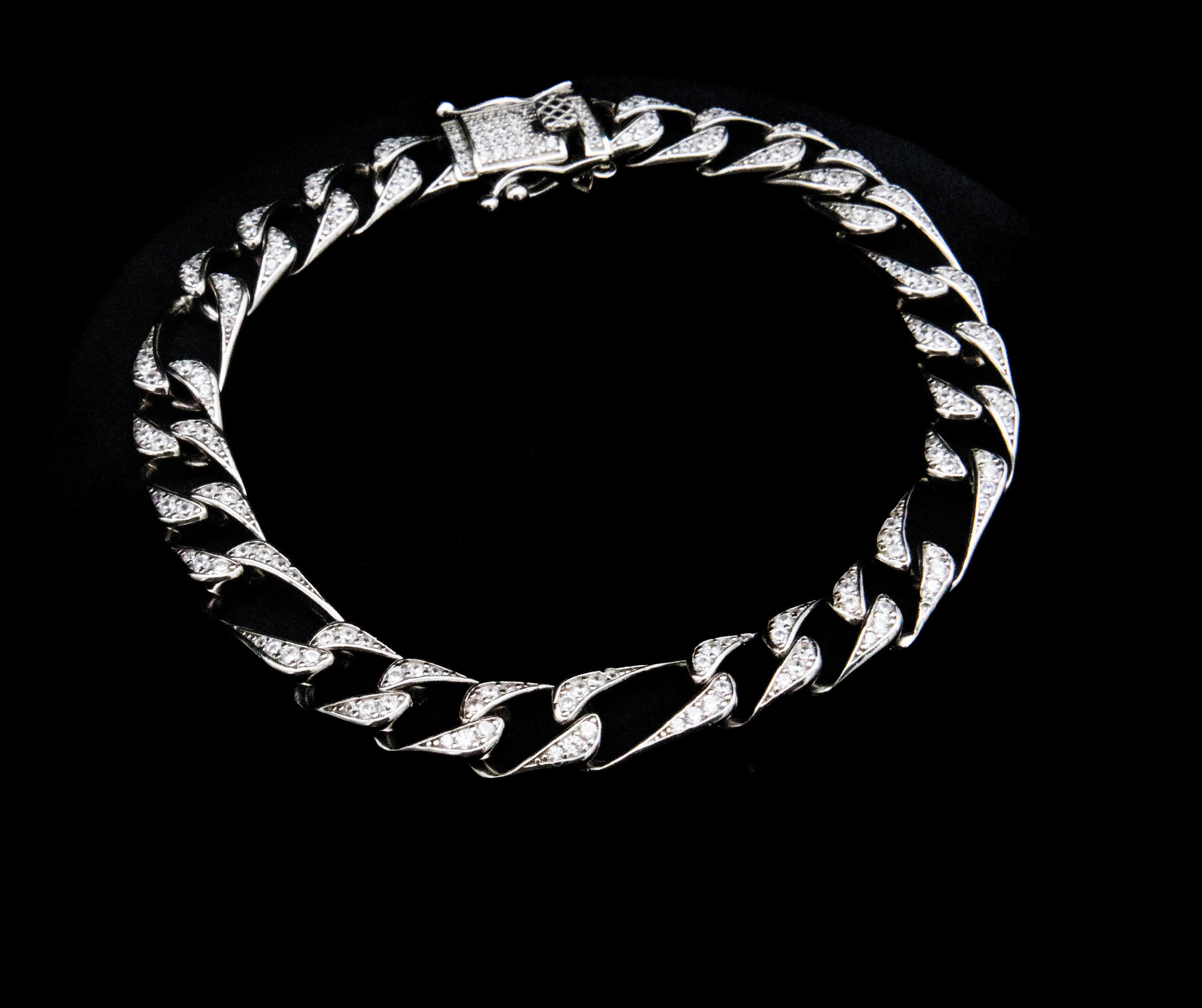 Iced Figaro Link Bracelet in Rhodium Plated 925 Sterling Silver, 8mm